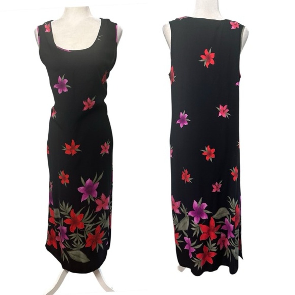 Vintage 90s Floral Midi Dress Sz XL P Sleeveless Fairy Grunge Square Neck Hawaii